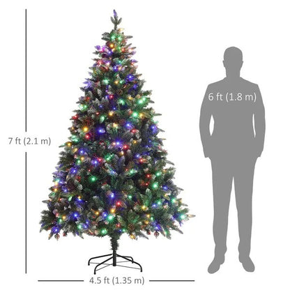 7 Foot Prelit Artificial Christmas Tree With Dual Colour LED Light, Hinged Xmas Tree For Home Office Holiday