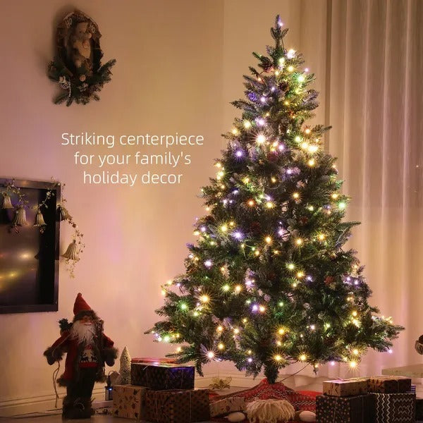 7 Foot Prelit Artificial Christmas Tree With Dual Colour LED Light, Hinged Xmas Tree For Home Office Holiday