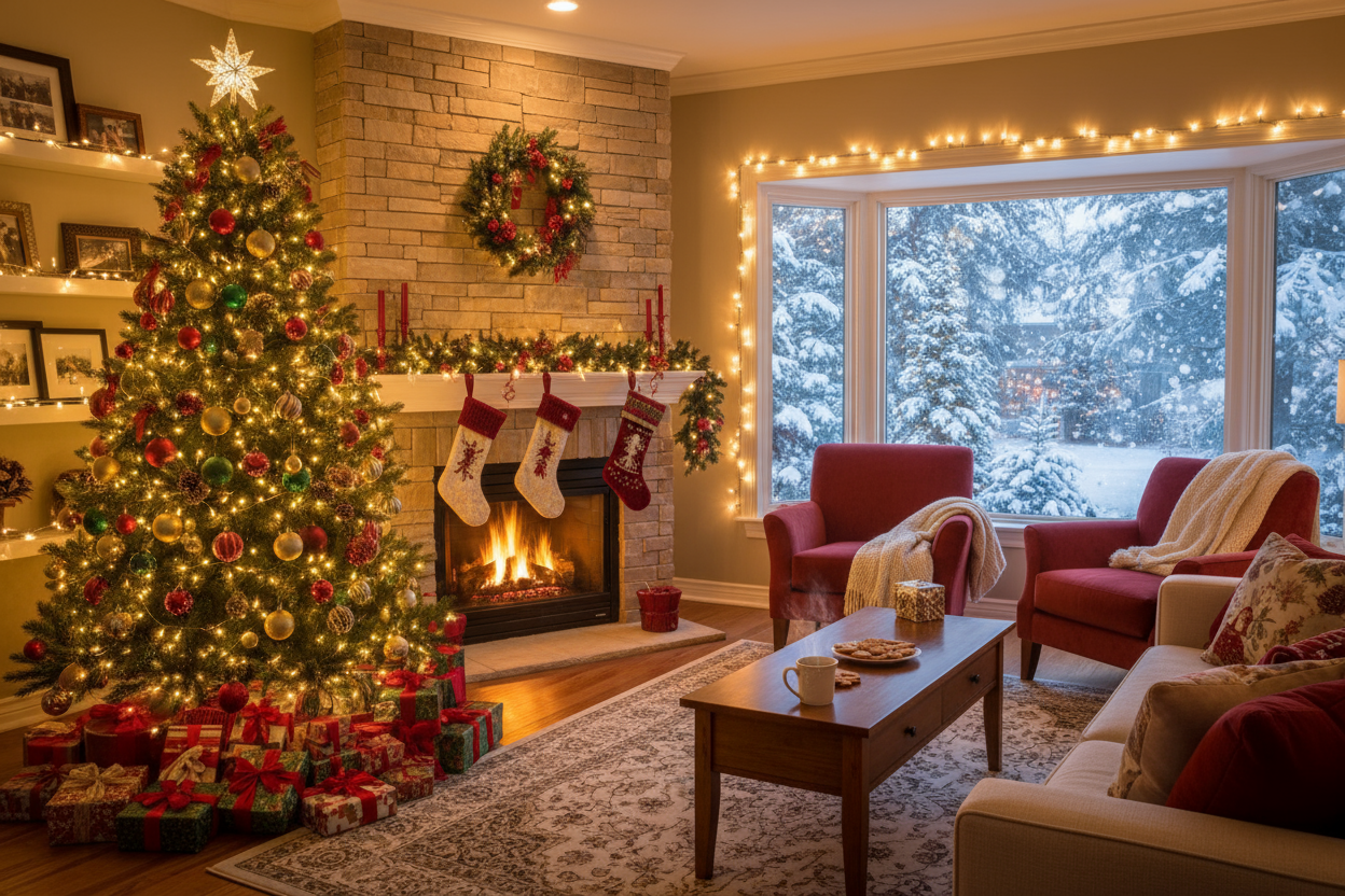 A cozy living room decorated for Christmas — glowing fairy lights, a beautifully lit Christmas tree, stockings hanging by a fireplace, and wrapped gifts under the tree. The lighting is warm gold and soft, with gentle snow visible outside the window.