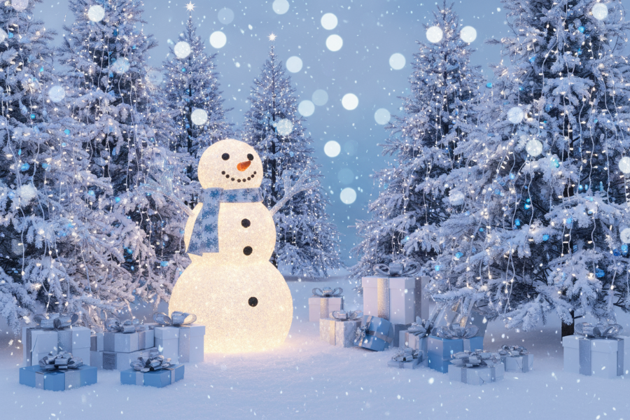 A snowy outdoor Christmas scene — twinkling lights, snow-covered trees, a glowing snowman, and wrapped presents scattered on the snow. The color palette is white, silver, and icy blue, with a faint sparkle effect to create a magical feel.