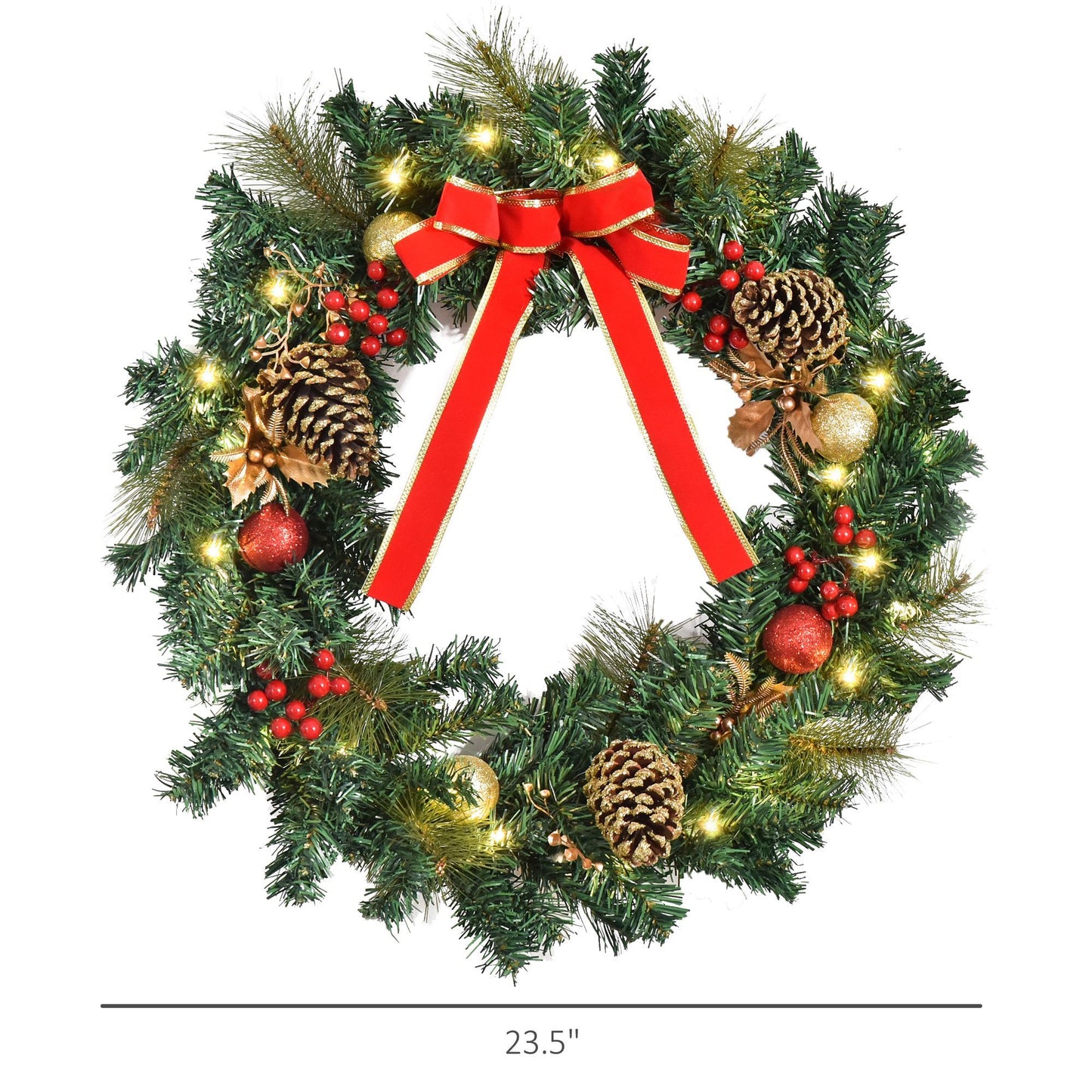 Christmas Wreath Pre-Lit Artificial Greenery Xmas Spruce Wreath Cones Red Berries 20 LED Lights Battery Operated